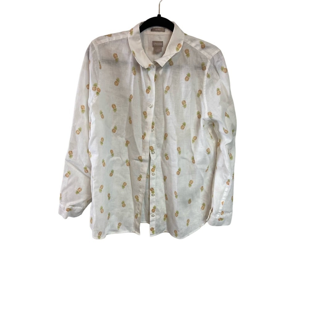 Chico's White Button-Up Blouse with Pineapple Print